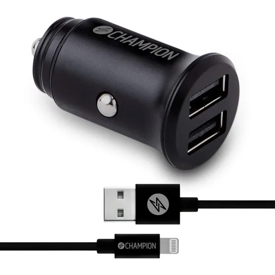 Biloplader 24W med USB-A til Lightning kabel, Sort