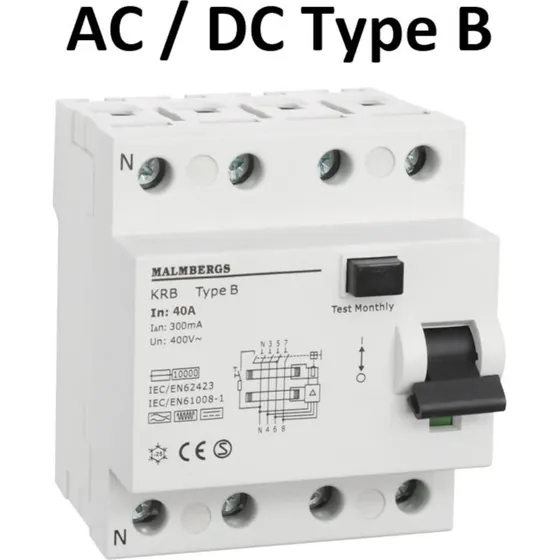 Malmbergs Fejlstrømsafbryder AC/DC 40A 4-Polet 300mA Type B