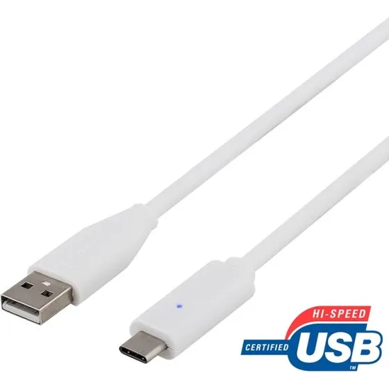 DELTACO USB 2.0 Kabel, Type A til Type C, 0.5m, Hvid