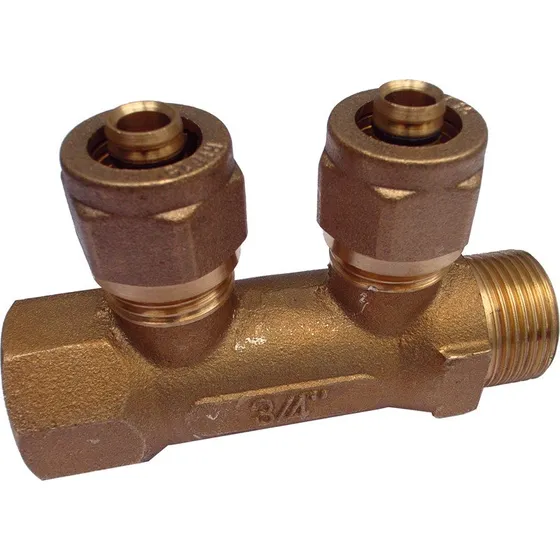 Fordelerrør 3/4" med fast muffe, 2 afgreninger 15 mm