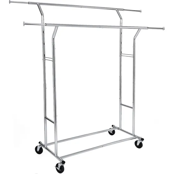 Kraftigt tøjstativ i krom med hjul, 129-169x148-172x55 cm