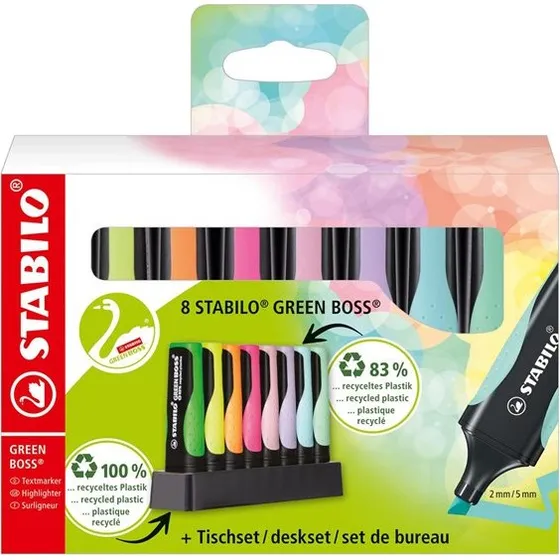 STABILO GREEN BOSS highlighter sæt med 8 pastelfarver