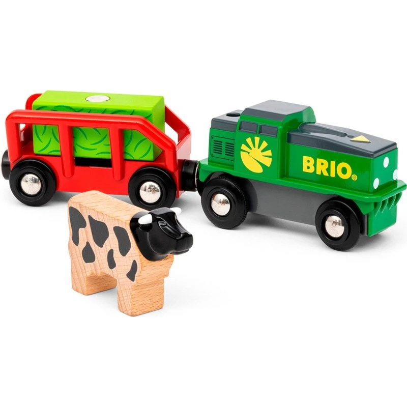 BRIO Landbrugstog batteridrevet med vogn og magnetisk ko