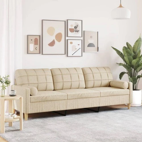 3-personers sofa 210 cm stof creme med pyntepuder