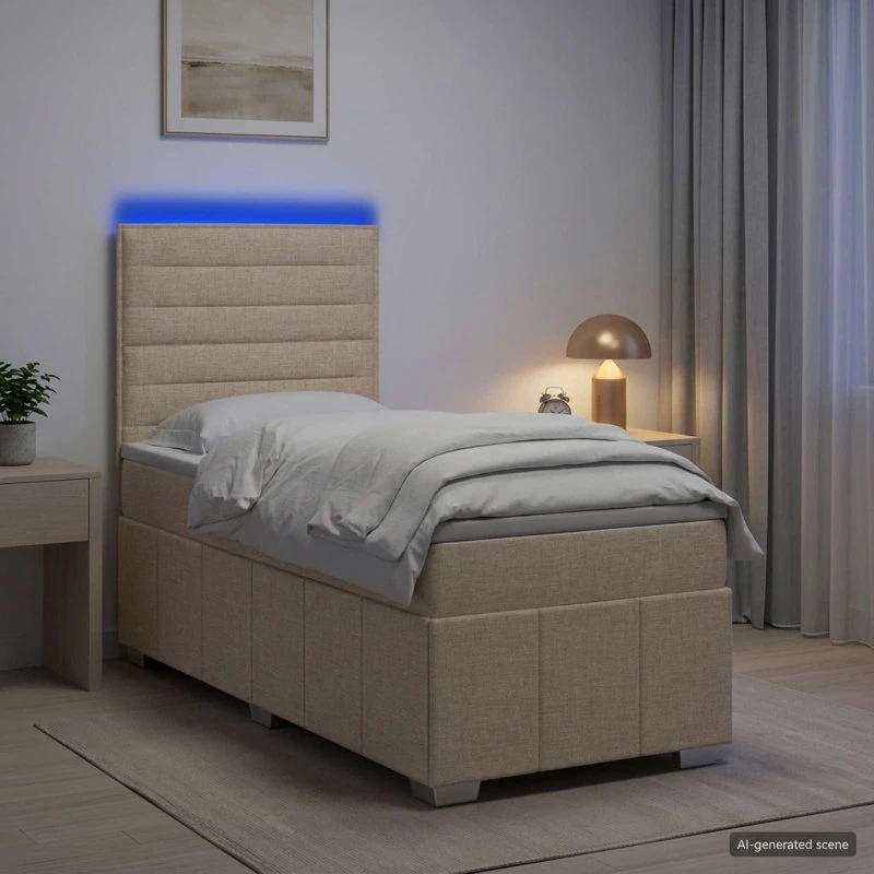 vidaXL LED Boxspringseng med madras, cremefarvet, 80 x 200 cm