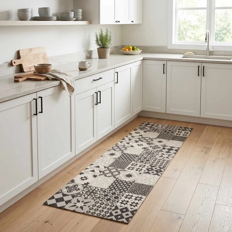 vidaXL Køkkenmåtte Grå Mosaik 300 x 60 cm - Vaskbar Polyamid