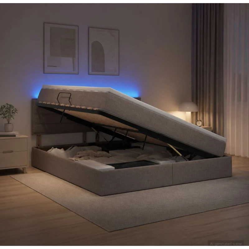 vidaXL LED Opbevaringsseng med madras, Gråbrun, 160 x 200 cm