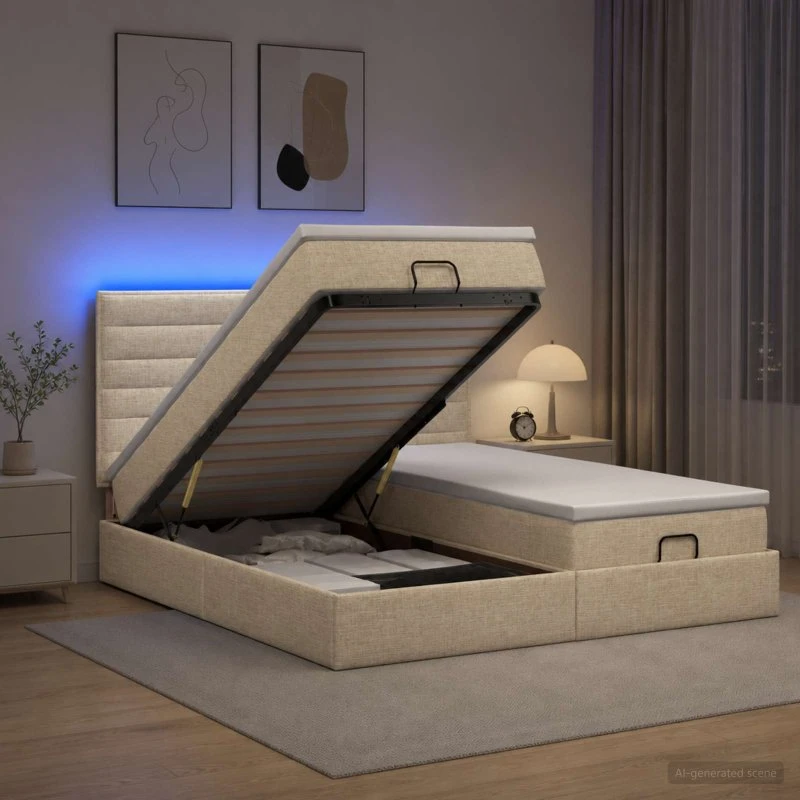 vidaXL Ottoman seng med madras og LED - Cremefarvet 200 x 200 cm