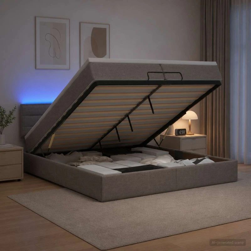 vidaXL Ottoman seng med madras og LED - Gråbrun 200 x 200 cm