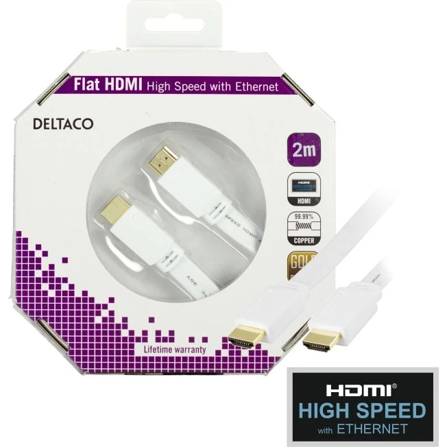DELTACO Fladt HDMI High Speed Kabel med Ethernet, 2m, Hvid