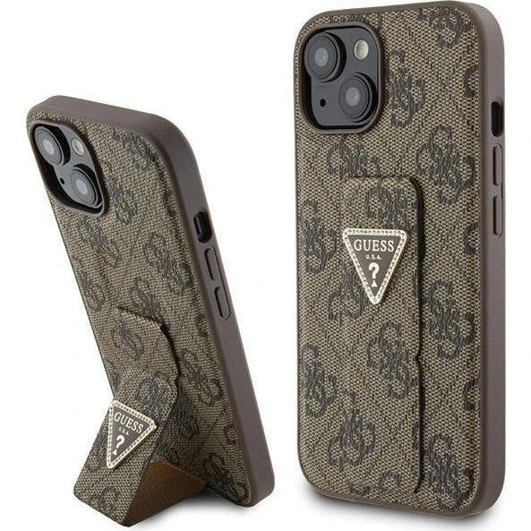 GUESS Grip Stand 4G Triangle Strass cover til iPhone 15 - Brown