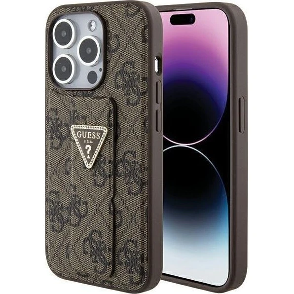 GUESS Grip Stand 4G Triangle Strass Case til iPhone 15 Pro - Brown
