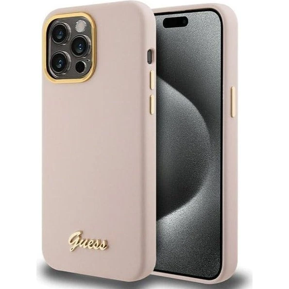 GUESS Silicone Script Metal Logo & Frame Case til iPhone 15 Pro - Pink