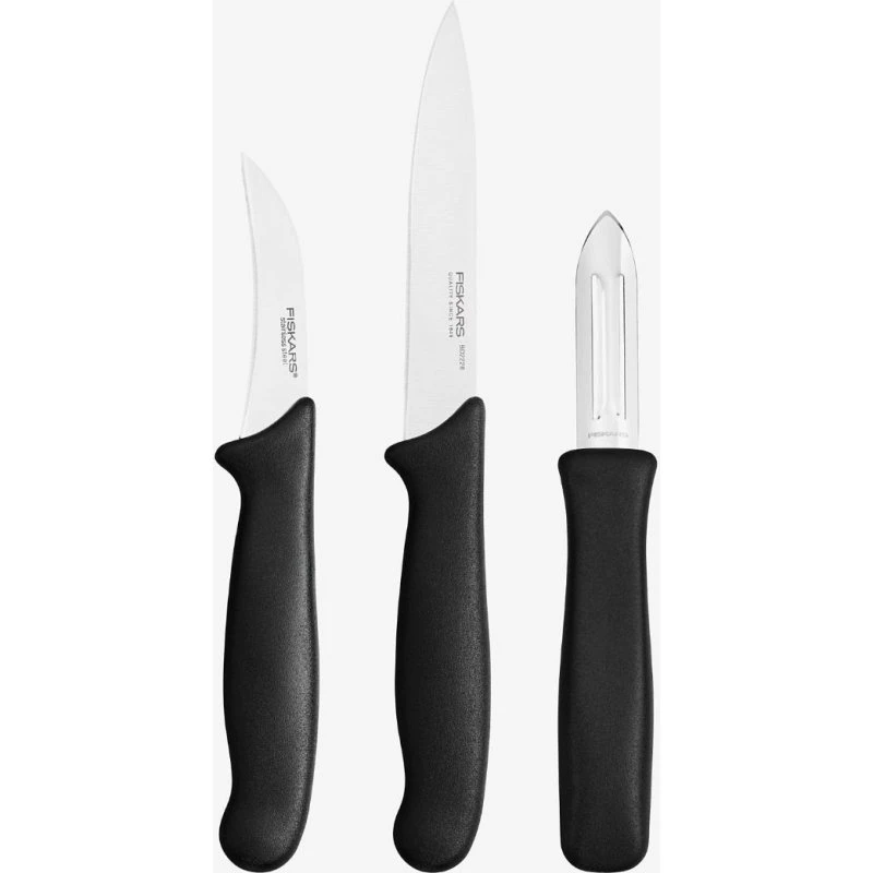 Fiskars Essential knivsæt 3 dele, sort (urte 7 cm, tomat 11 cm)