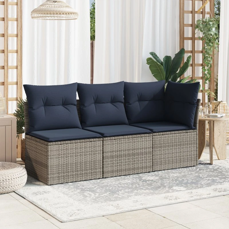 vidaXL 3-personers havesofa i polyrattan med hynder - grå