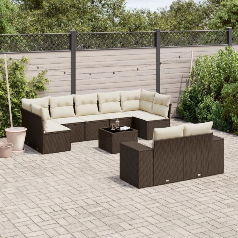 vidaXL havesofasæt 10 dele i polyrattan med hynder, brun