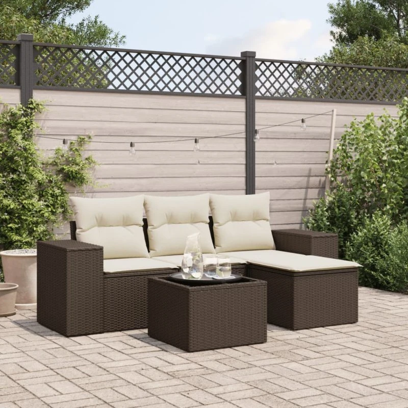 vidaXL havesofasæt 5 dele i polyrattan med hynder, brun