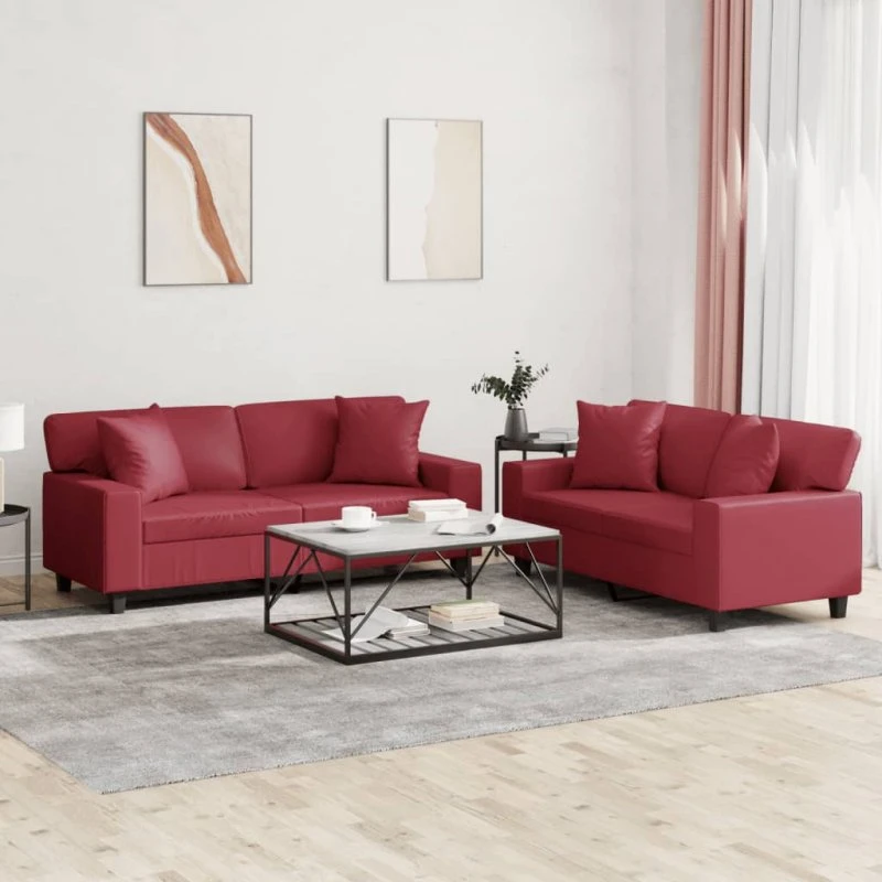 vidaXL Sofasæt 2 dele i vinrødt kunstlæder med puder