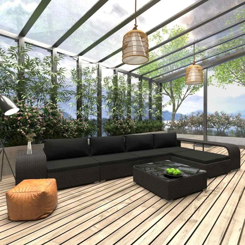 vidaXL Loungesæt til haven 8 dele med hynder, sort polyrattan