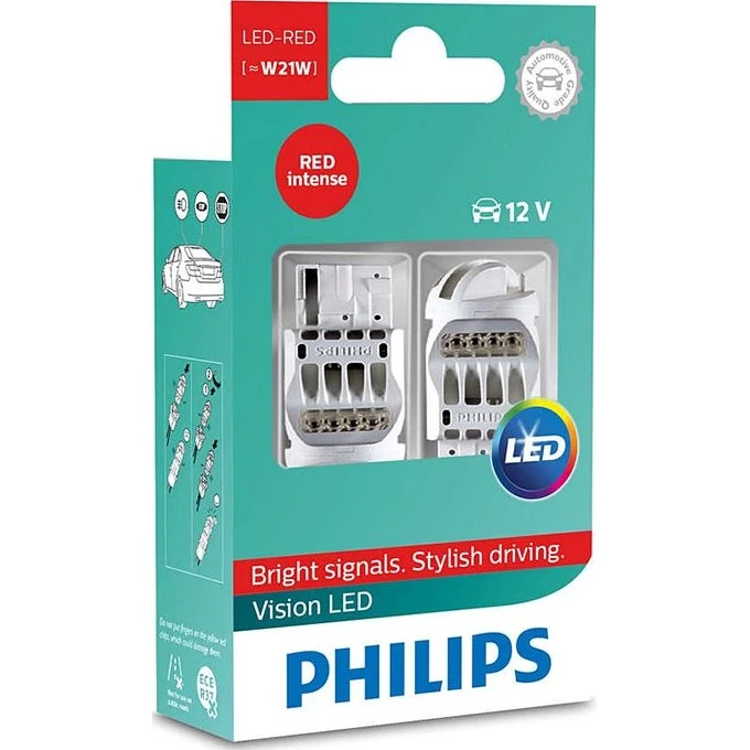 Philips Vision W21W LED Baklys Rød 12V (2-pak)