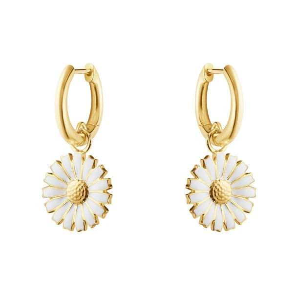 Georg Jensen Daisy øreringe — forgyldt sterlingsølv med hvid emalje