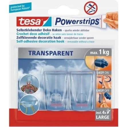 tesa Powerstrips selvklæbende kroge, transparente, 2 stk.