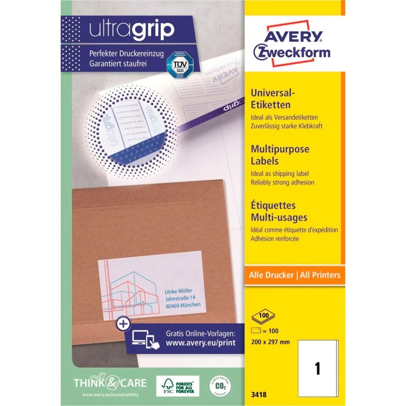 Avery Etiketter A4 Hvid 210 x 297 mm - 100 stk.