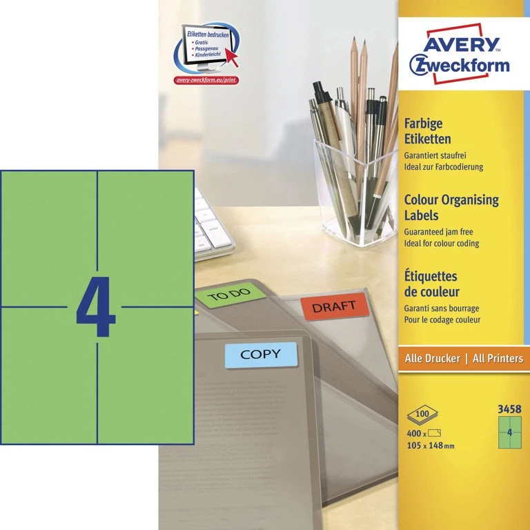 Avery 3458 Grønne Etiketter 105x148 mm - 100 ark