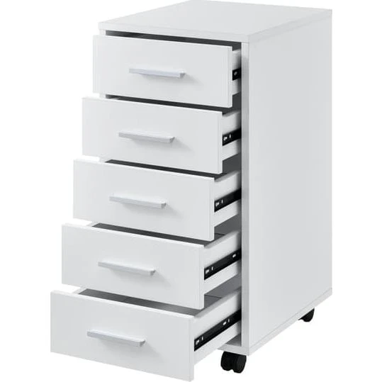 [en.casa]® Kontorskab med 5 skuffer på hjul - Hvid - 63x33x38cm