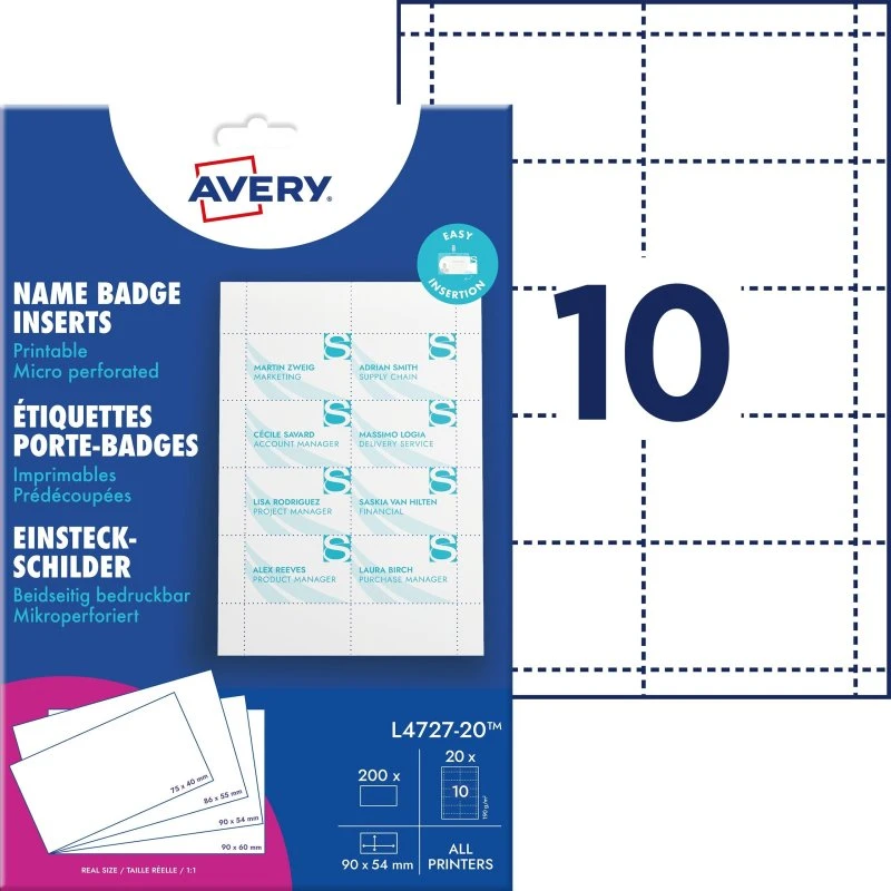 Avery L4727-20 Printbare Indstik til Navneskilte, 54x90mm (200 stk)