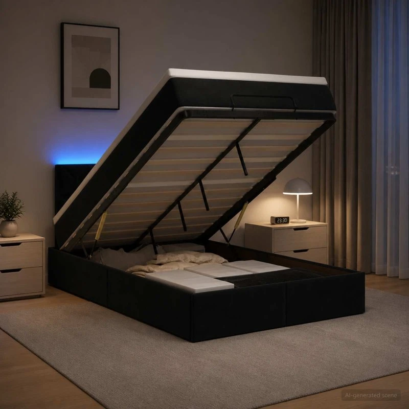 vidaXL Ottoman seng med madras og LED, sort velour, 120 x 200 cm