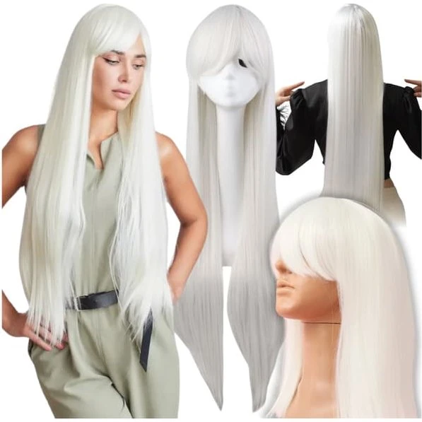 Lang hvid paryk 100 cm med pandehår til cosplay og anime