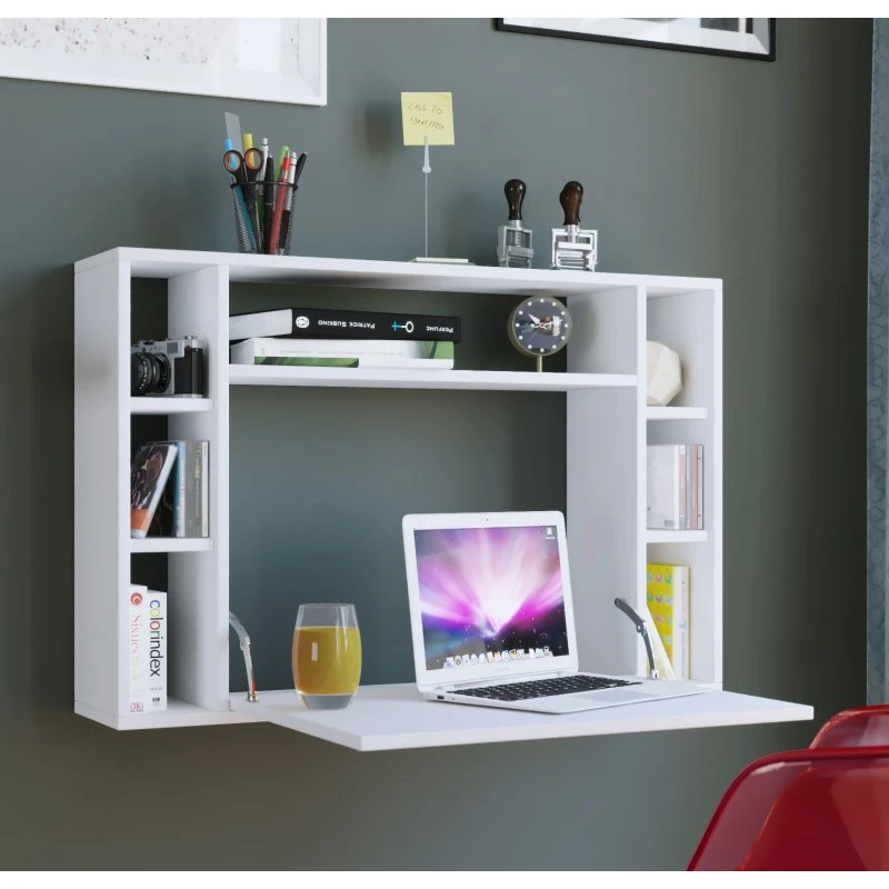 Foldbart vægskrivebord med hylder, 90 x 60 x 20 cm, hvid