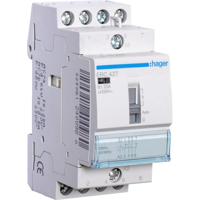 Relæ 25A 230V med 2 sl. + 2 br. og hånd-0-automatik