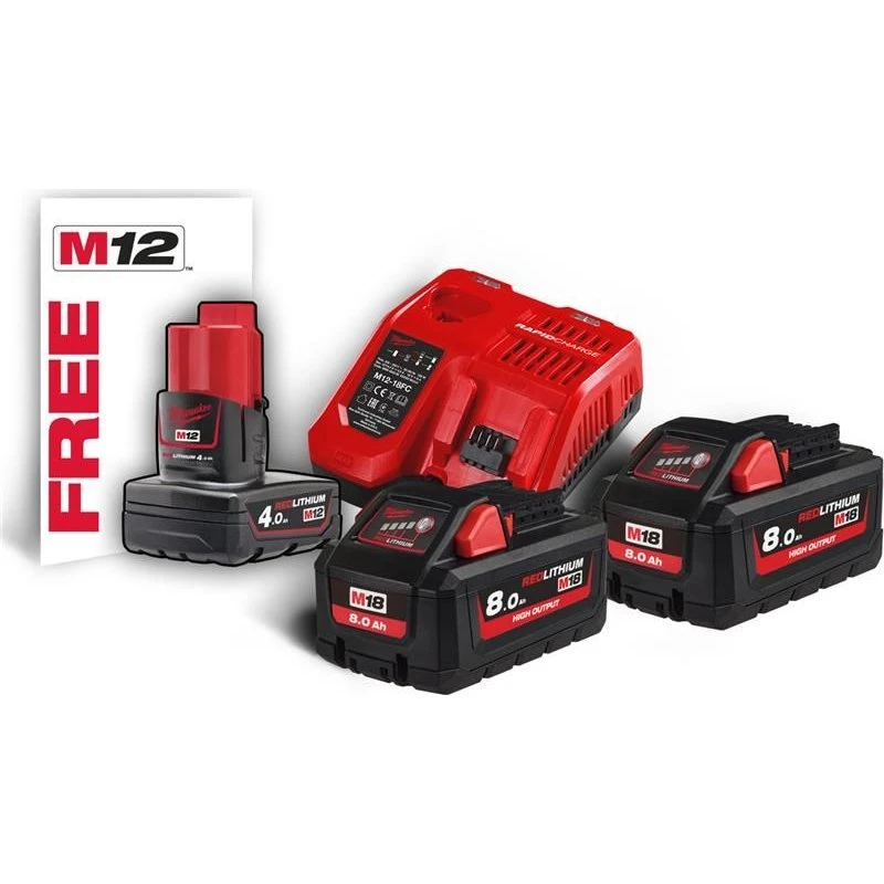 Milwaukee M18 NRG-802 2×18V 8Ah + M12‑M18 lader