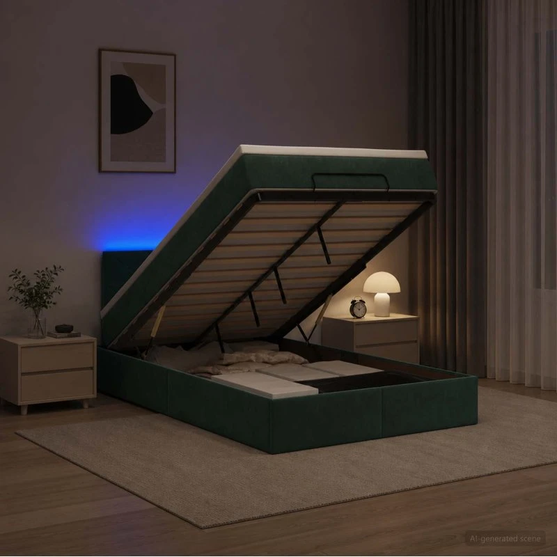 vidaXL Ottoman seng med madras og LED - Mørkegrøn Velour 120x190 cm