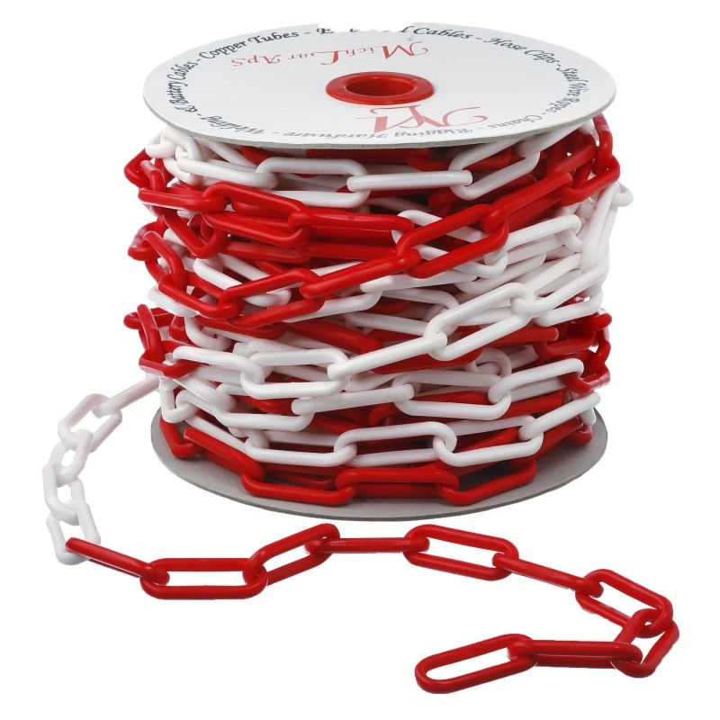 Afspærringskæde rød/hvid plast 8mm, rulle 25m