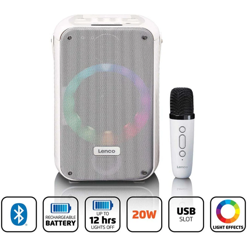 Lenco BTC-060WH karaokeanlæg med Bluetooth og trådløs mikrofon (hvid)