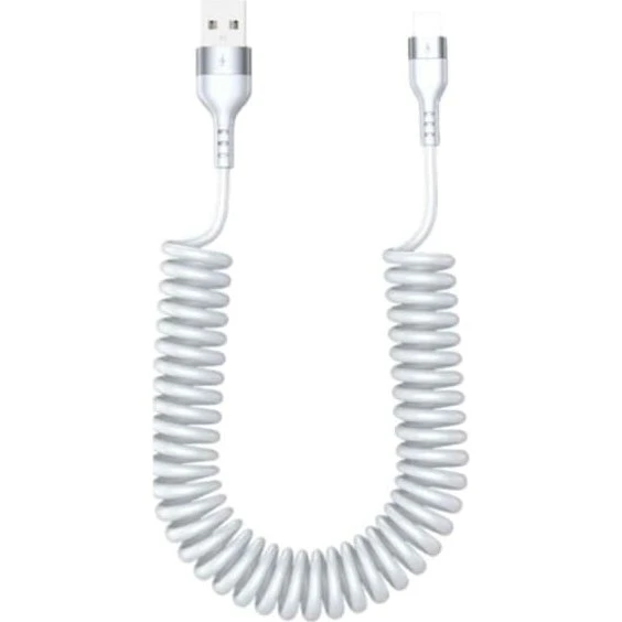 USB Lightning Spiralkabel 3A Hurtigopladning, 1,5m - Hvid