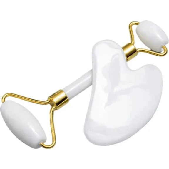 White Jade Facial Roller og Gua Sha i ægte natursten