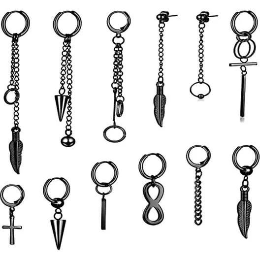 12-pack Sorte Piercing-øreringe med kæder i kirurgisk stål