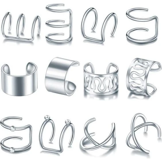 12-pack Helix Ear Cuffs i sølv - Justerbare falske piercinger