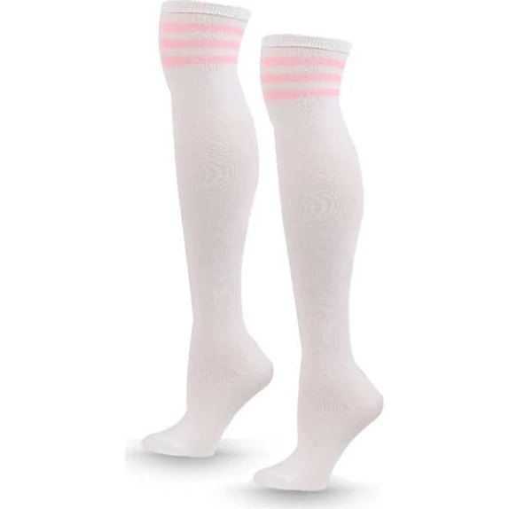 Stribet knæ sokker hvide med pink striber