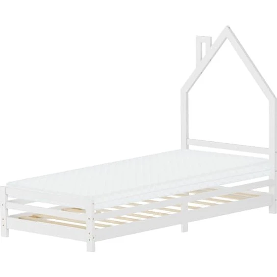 ML-Design Børneseng Hus 90x200 cm Hvid med Madrass