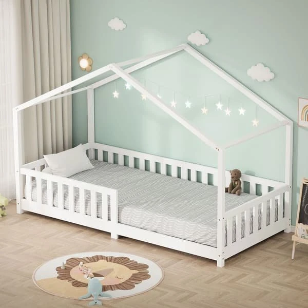 ML-Design Hus-seng 90x200 cm i hvidt massivt fyrretræ