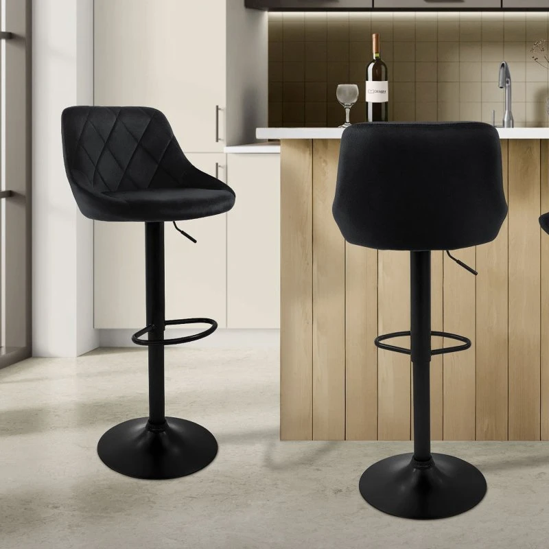 ML-Design Barstol Sæt (2 stk) - Sort Fløjl, Højdejusterbar