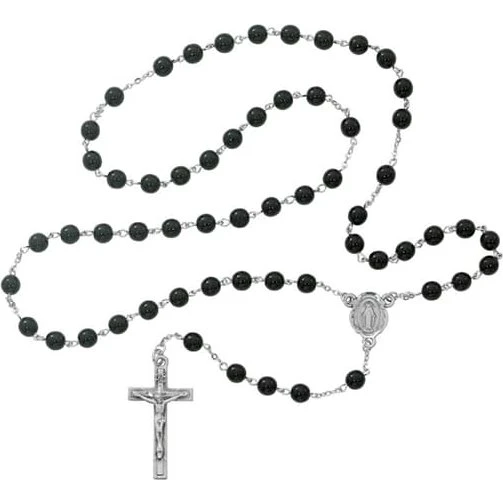 Lang sort Rosary halskæde med 8mm sorte glasperler og kryds