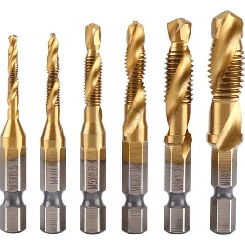 6 stk. Titanium HSS Bor- og Gevindskæresæt M3-M10, 1/4" Hex
