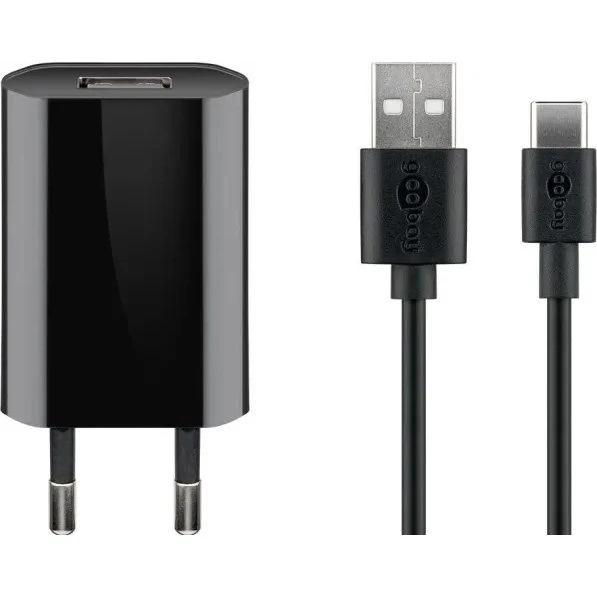 Goobay USB-vægoplader 5W med 1m USB-A–USB-C, sort
