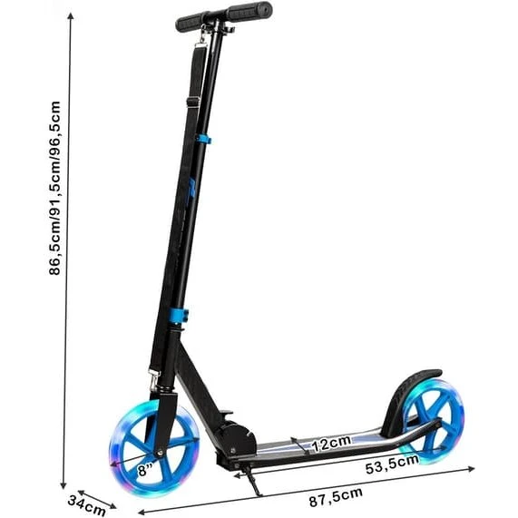 Foldbar løbehjul med LED-hjul, blå - Højdejusterbar